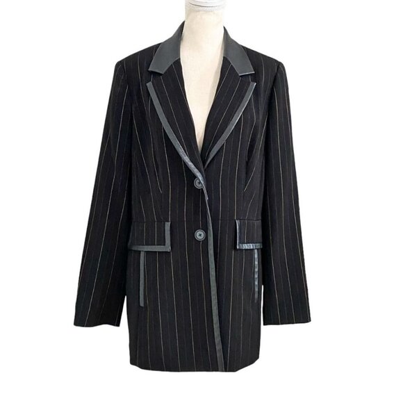 SIMON CHANG VINTAGE BLACK YELLOW STRIPED LEATHER COLLAR TRIM MID-LENGTH BLAZER - Picture 1 of 10